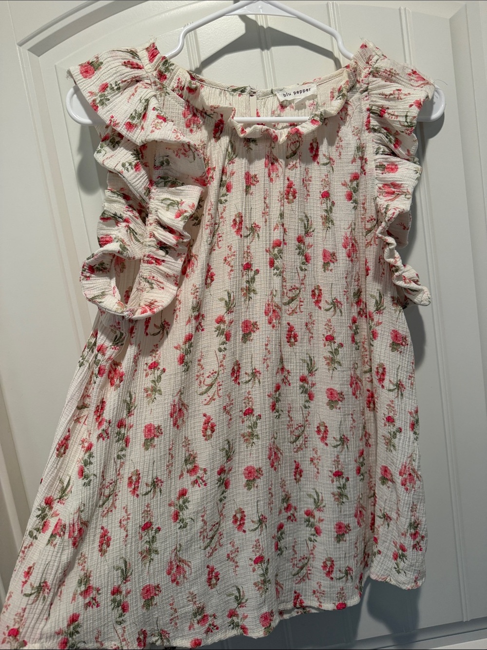 Blu Pepper Cream Floral Ruffle-Sleeve Girls' Top with Pink Roses
